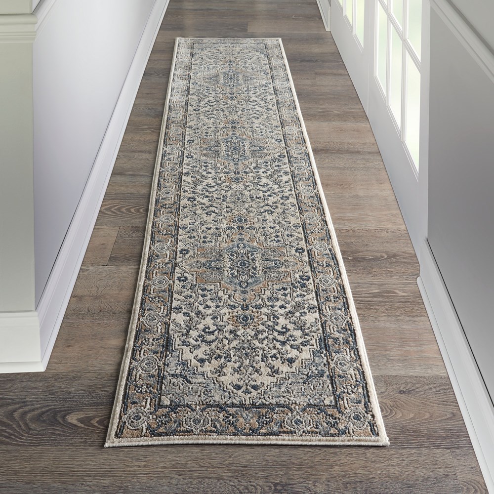 Quarry QUA05 Traditional Distressed Runner Rugs in Ivory Grey by Nourison